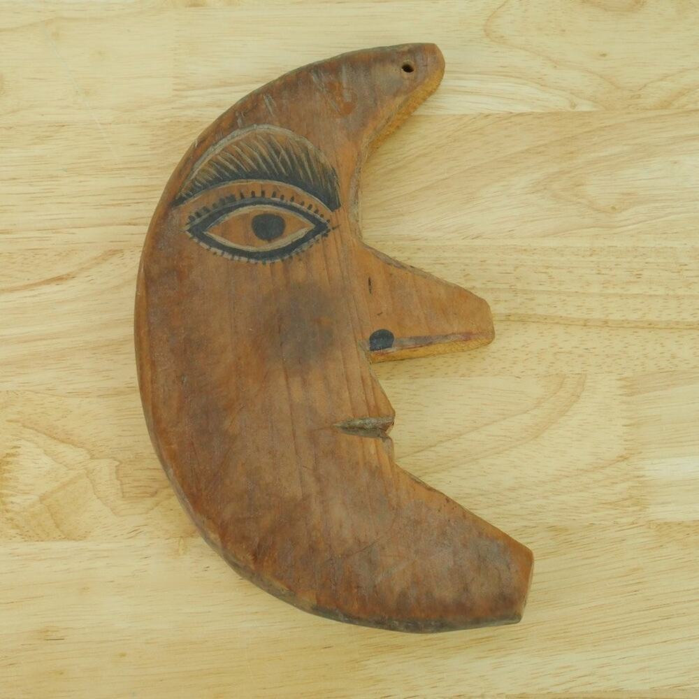 Hand Carved Wood Moon Wall Hanging Primitive Art Face Whimsigoth Witchy Fairy
